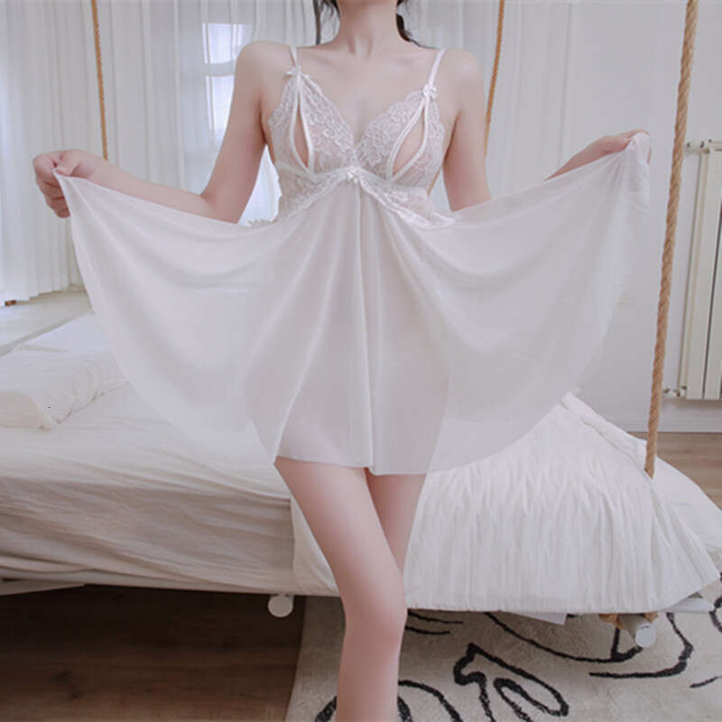 Sexy Lace Sheer Nightdress Women Deep V Neck Transparent Slip Dress with Built-in Bra, Elegant & Seductive Sleepwear for Intimate Moments