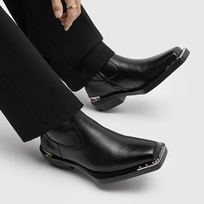 men fashion punk rock genuine leather boots square toe shoes cowboy cool high boot black brown long chelsea botas male 260208