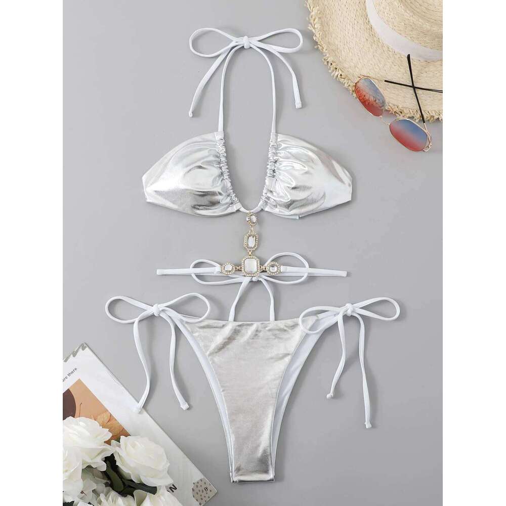 sexy metallic silver halter tie bikinis sets two pieces women thong bandage swimsuit female bathing suit swimwear biquini C260207