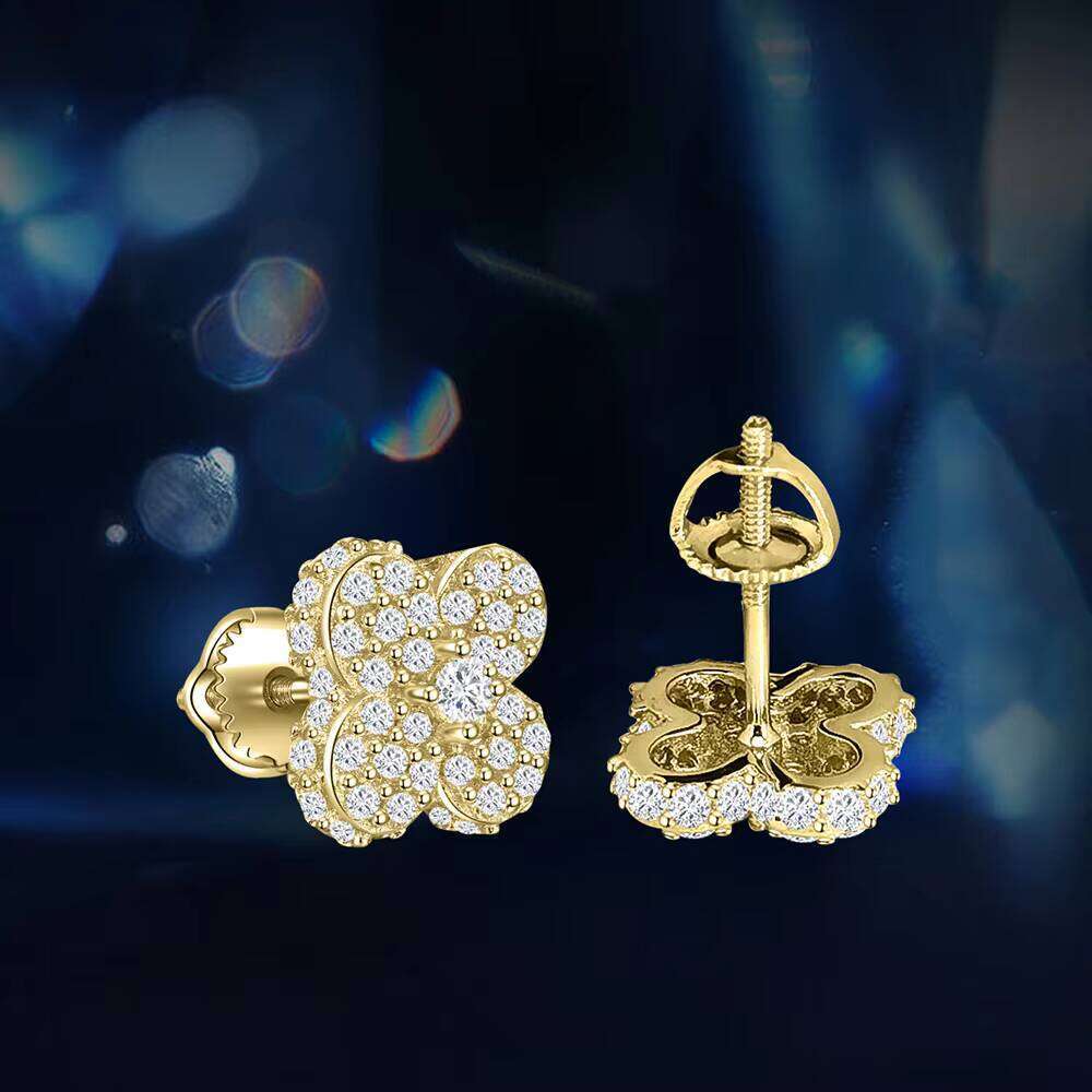 Hot Selling 14K Gold Plated 925 Sterling Silver Fine Stud Earrings Lucky Four-Leaf Clover Shape High-End Jewelry Moissanite