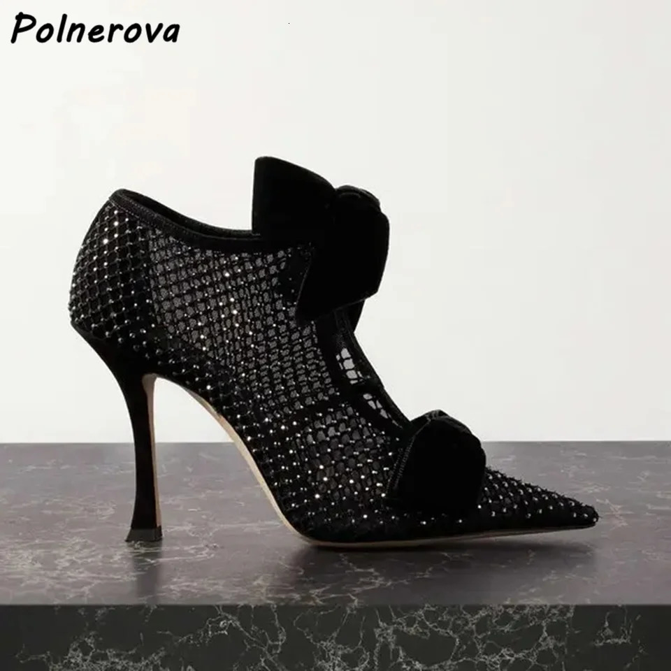 Air Mesh Butterfly Knot Pumps Hollow Black Thin Heels Pointy Toe Crystal Shoes Sexy Stiletto 260208
