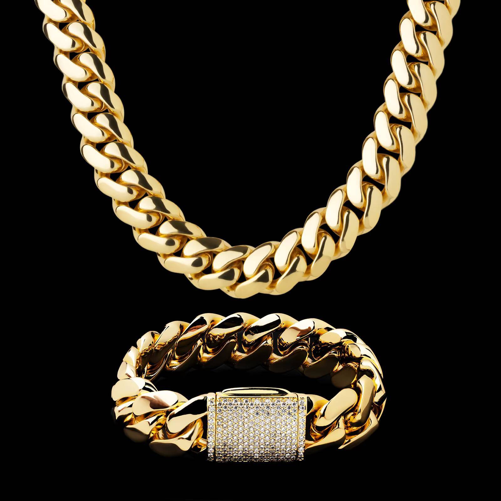 Luxury 10MM-22MM Mens Miami Cuban Link Bracelet Necklaces 14K Real Gold Plated Custom Cuban Link Chain