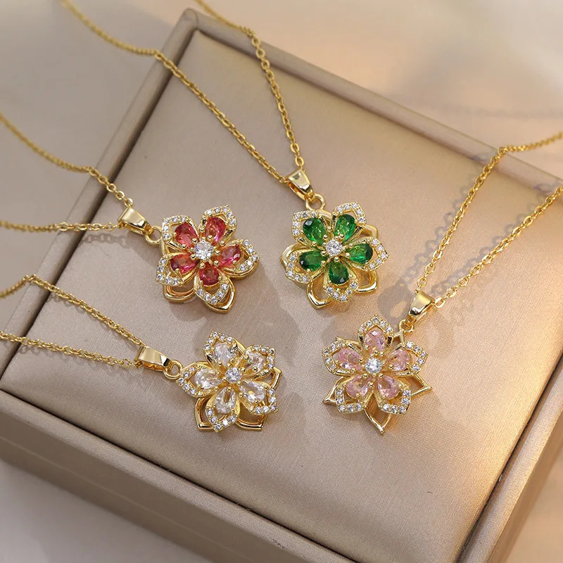 OIMG 316L Stainless Steel Gold Plated Romantic Rotatable Flower Zirconia Pendant Necklace For Women Girls Charm y Jewelry 260206