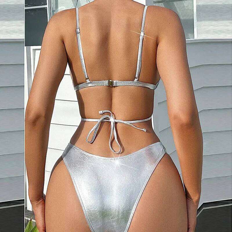 Silver Backless Swimwear Triangle Bikinis Sets Woman 2026 Sexy Swimsuit Summer High Leg Cut Bathing Suit Rhinestone Bikini Dames C260207