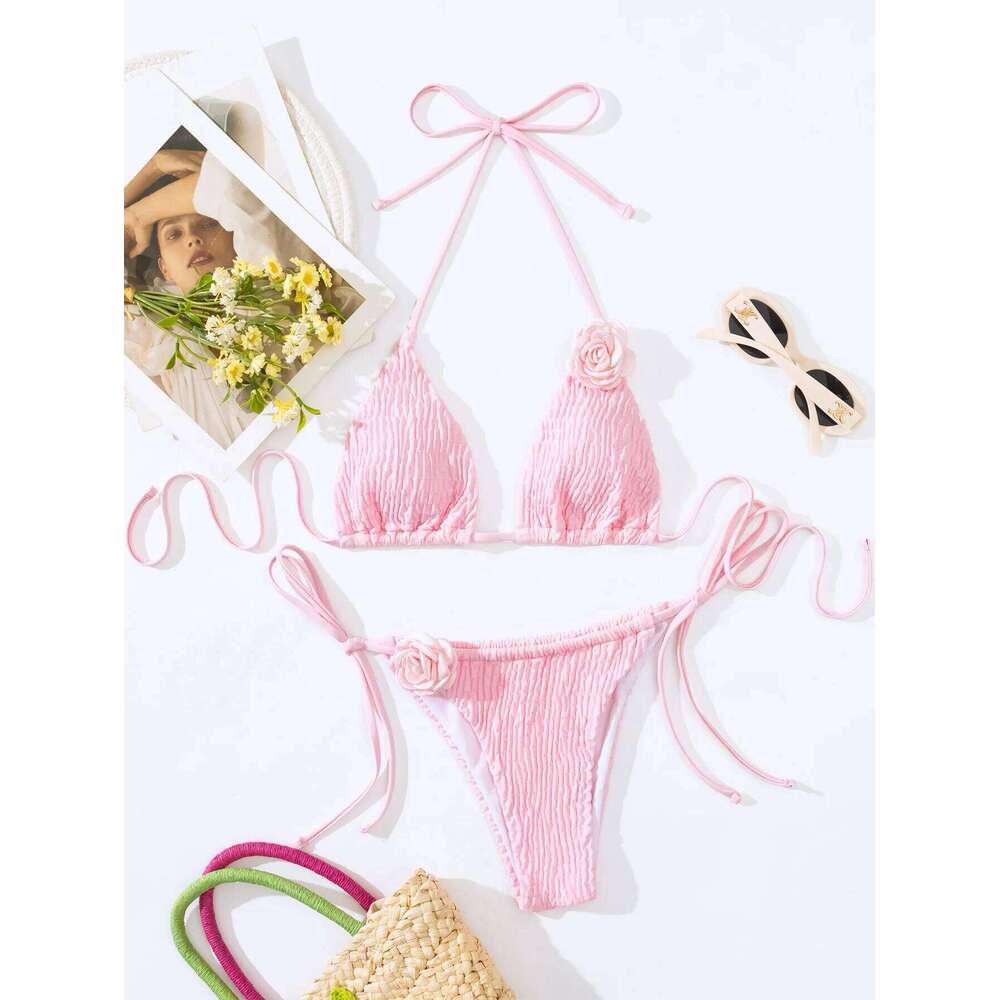 sexy 3D pink flower wrinkled halter string bikinis sets two pieces high waist swimsuit padded thong swimwear female bathing suit C260207