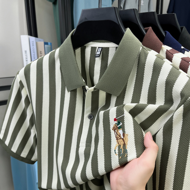 Free shipping 2026 summer new short sleeved striped light luxury casual embroidered pony lapel polo shirt