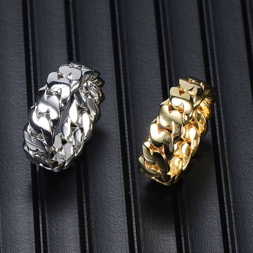 Cross-border European and American hip-hop simple 8mm glossy Cuban chain ring real gold electroplated hipster hiphop mens ring