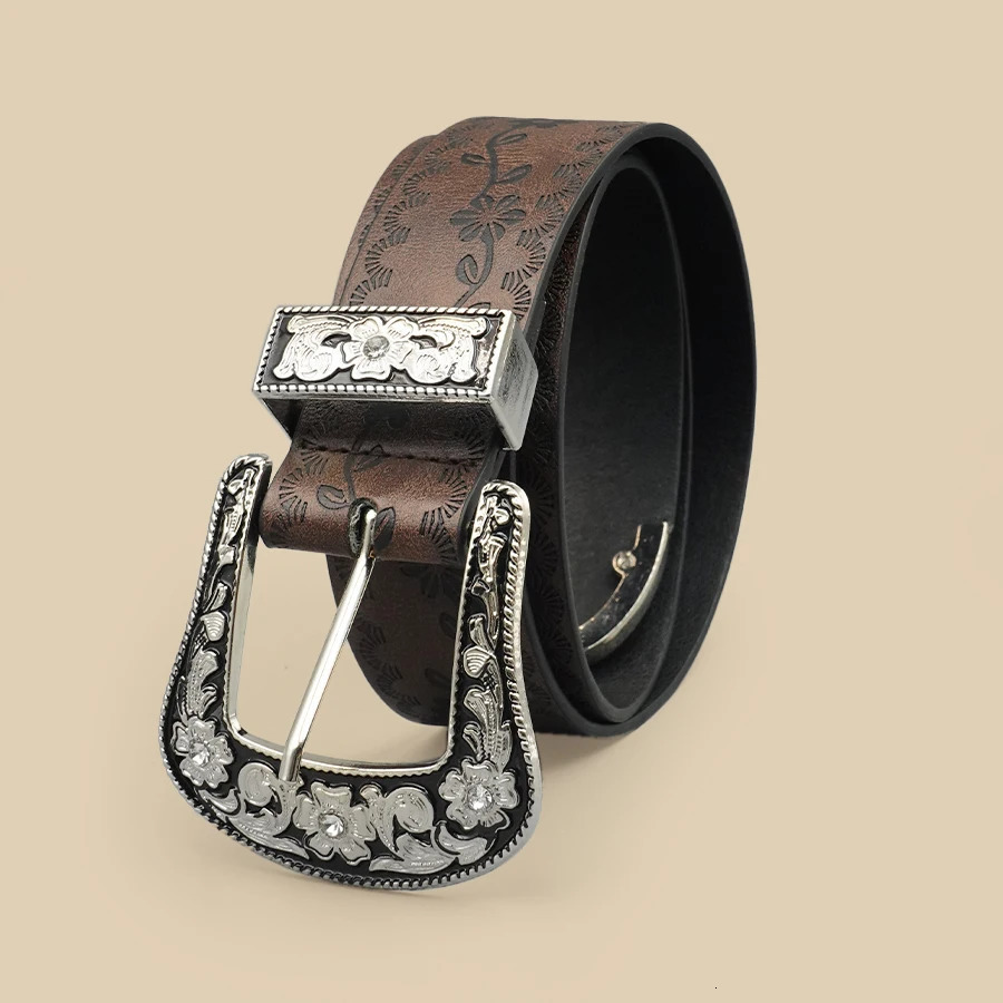 Vintage Carved Buckle Belt for Women Men - Brown Textured Floral Print Western Style Fashion Versatile Waistband Belt 260124