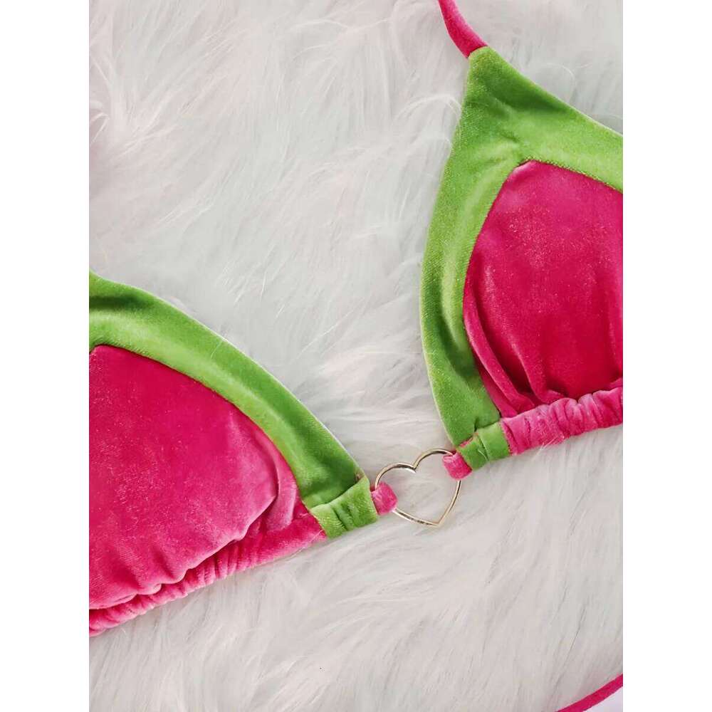 2025 Splicing Halter Velvet Female Swimsuit Women Brazilian Swimwear Two-pieces Bikini Set High Cut Bathing Suit Swim C260207