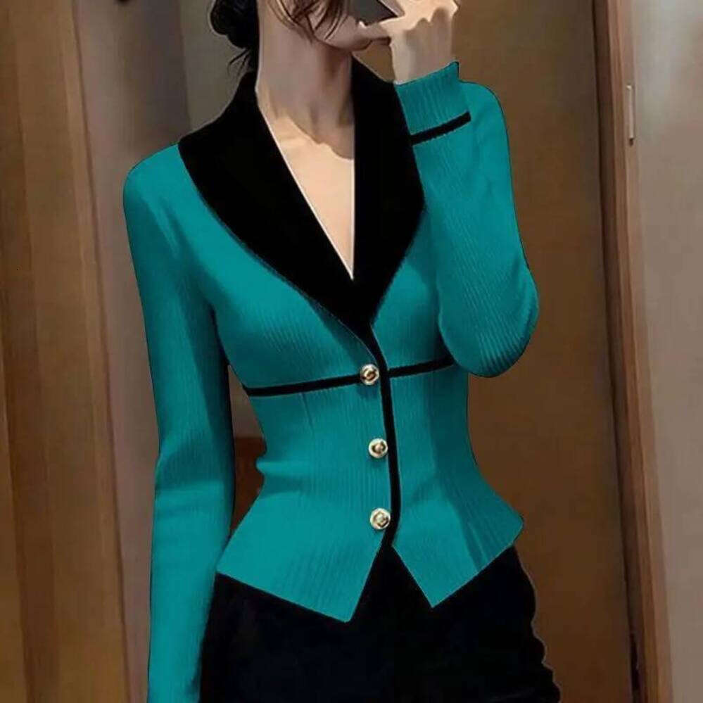 ZHE HAN V-Neck Knitted Suit Jacket Women's New Spring Autumn Fashion Color Matching Slim Cardigan Sweater