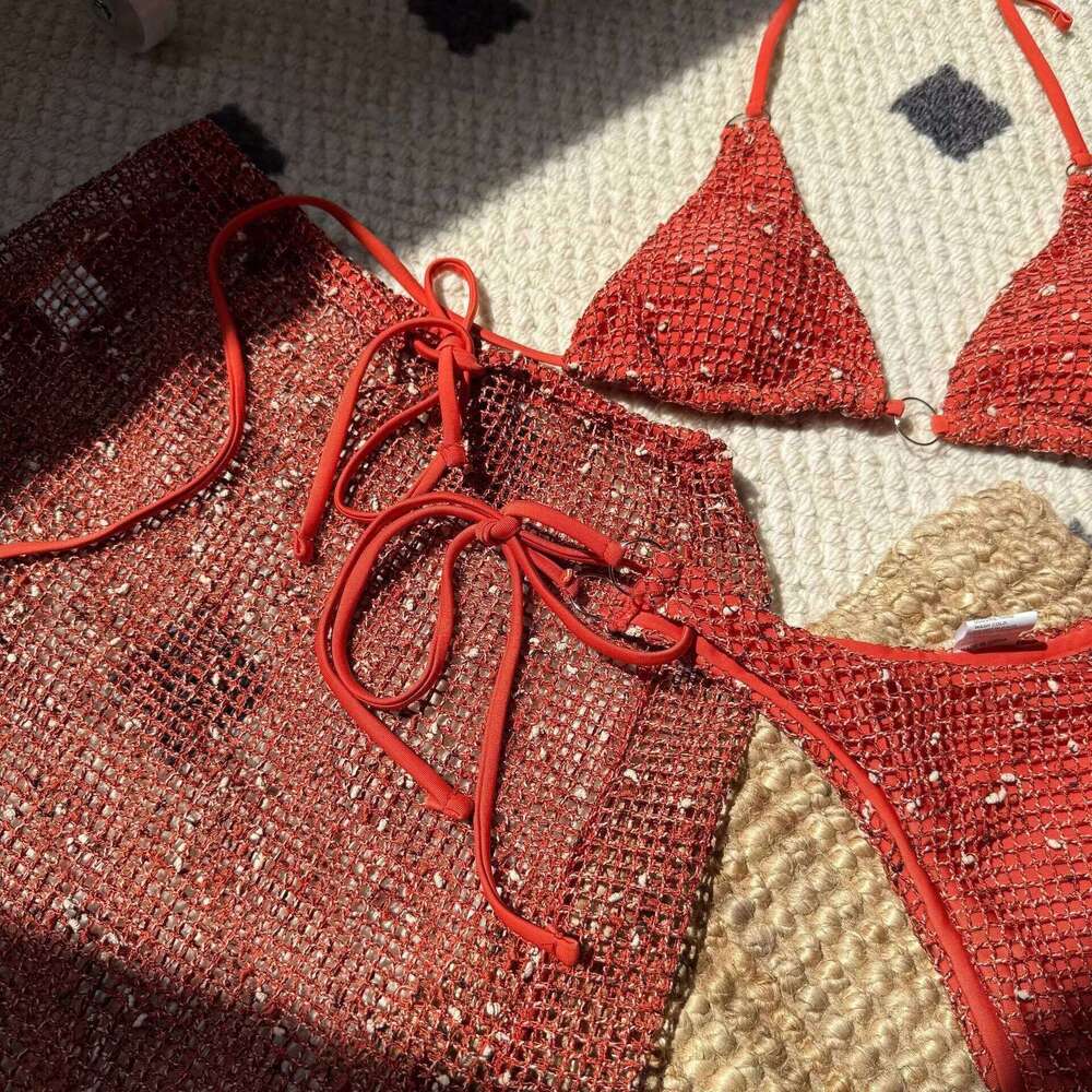 With Mesh Sarong Skirt Halter Women Swimwear Female Swimsuit Three-pieces Bikini Set Fishnet Bathing Suit Swim Beachwear C260207