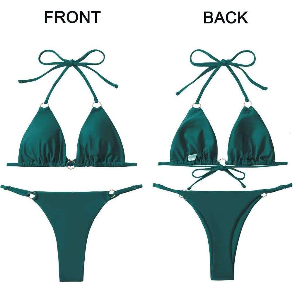 Sexy Bikini Women's 2-piece Backless Camisole Slim Shoulder Strap Solid Color Fashionable Split Triangle Swimsuit C260207