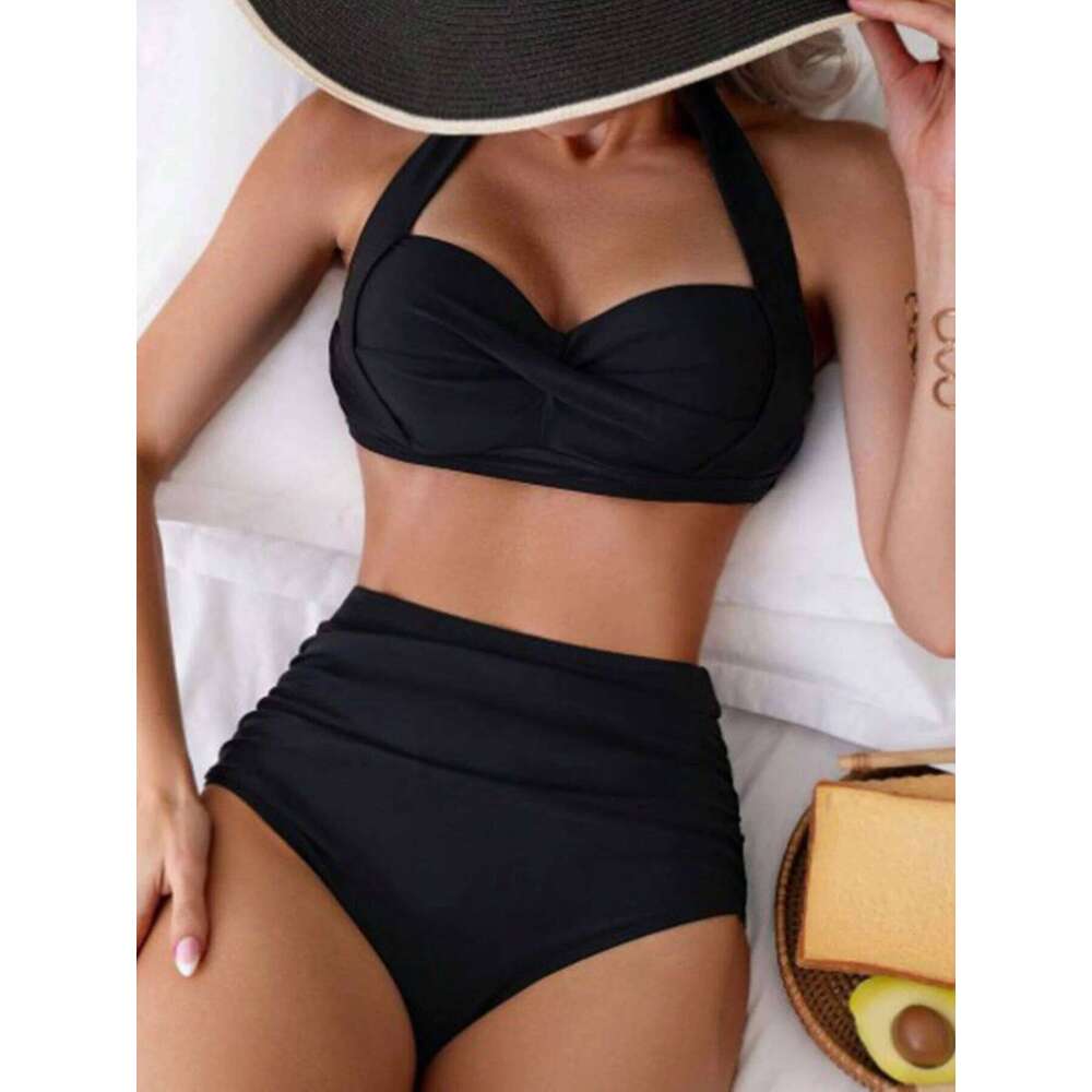 2025 European and American fashion hot selling hard bag gathered women's bikini solid color set, suitable for vacation, festival C260207