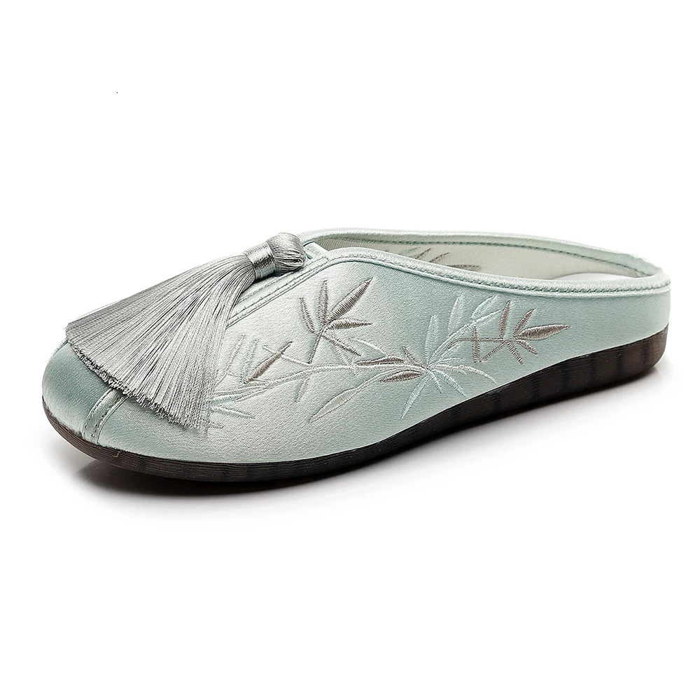 Veowalk Chinese Style Tassel Women Comfy Cotton Flat Mules Sole Rubber Bottom Housewife Home Shoes Plants Embroidered 260208