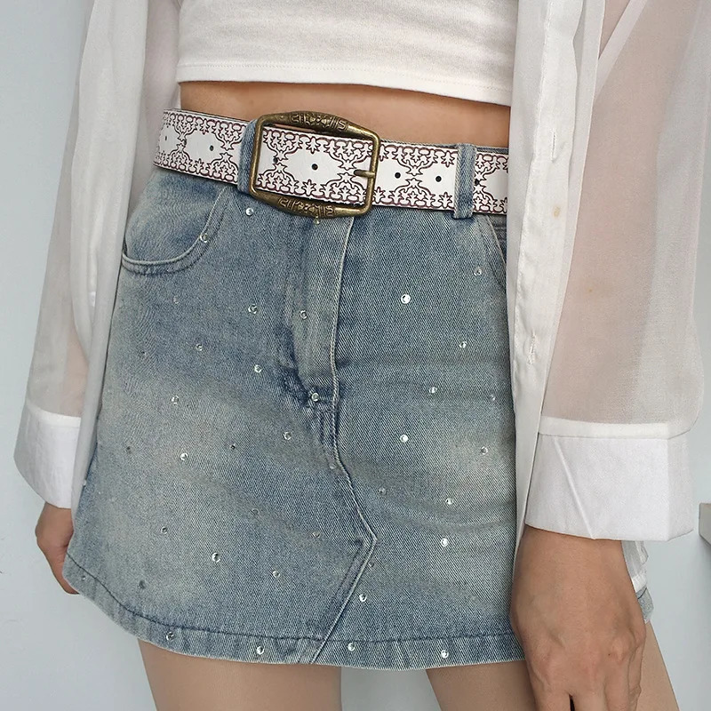 1pcWomen Western Belt Vintage Metal Buckle Leather Belts Country Cowboy Cowgirl Belt for Jeans 260124