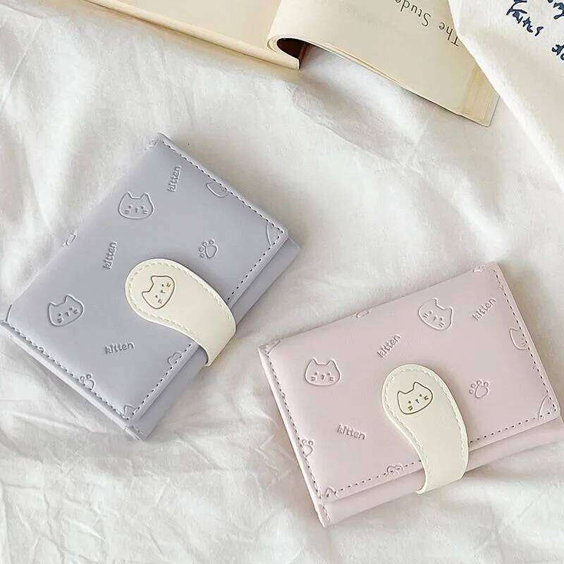 New Kitten Print Wallet 5 Color Money Bags Short Cute Small Women's Student Girl ID Bag Card Holder Coin Purse Y260206