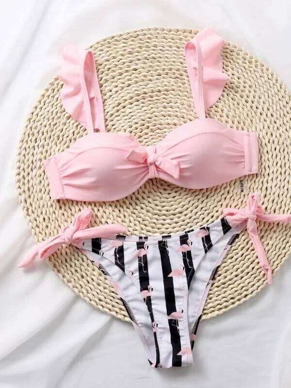 Cacocala 2024 Summer New Striped Lace Ruffle Women Bandeau Swimsuit Female Swimwear Bra Cup Bikini Set High Cut Bathing Suit C260207