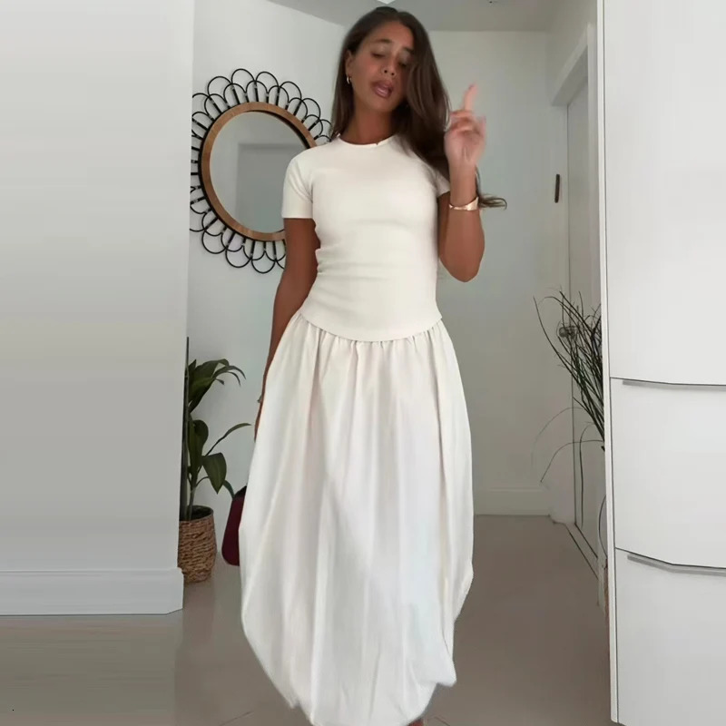 HXAO 2025 Womens Balloon Dresses Summer Elegant Evening Party Long Dresses Off White Patchwork Short Sleeve Dress Chic Vestidos 260122