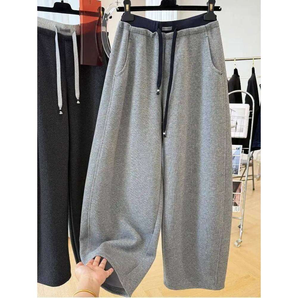 Patchwork Drawstring High Waist Wide Leg Pants for Women Spring and Autumn Curved Hem Trousers