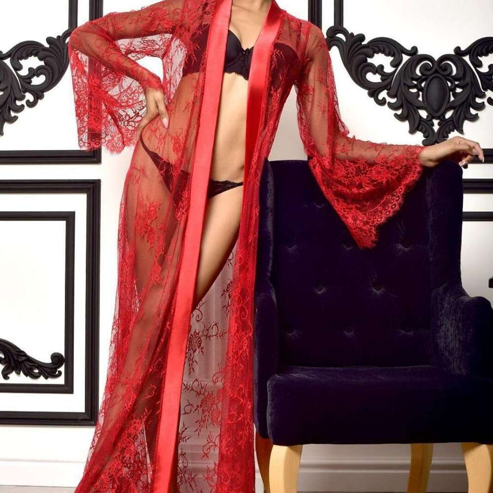 Sexy Black Lace Long Robe Women Sheer Kimono with V-Neck, Flared Sleeves & High Slit, Elegant Lingerie Set for Intimate Moments & Romantic Nights