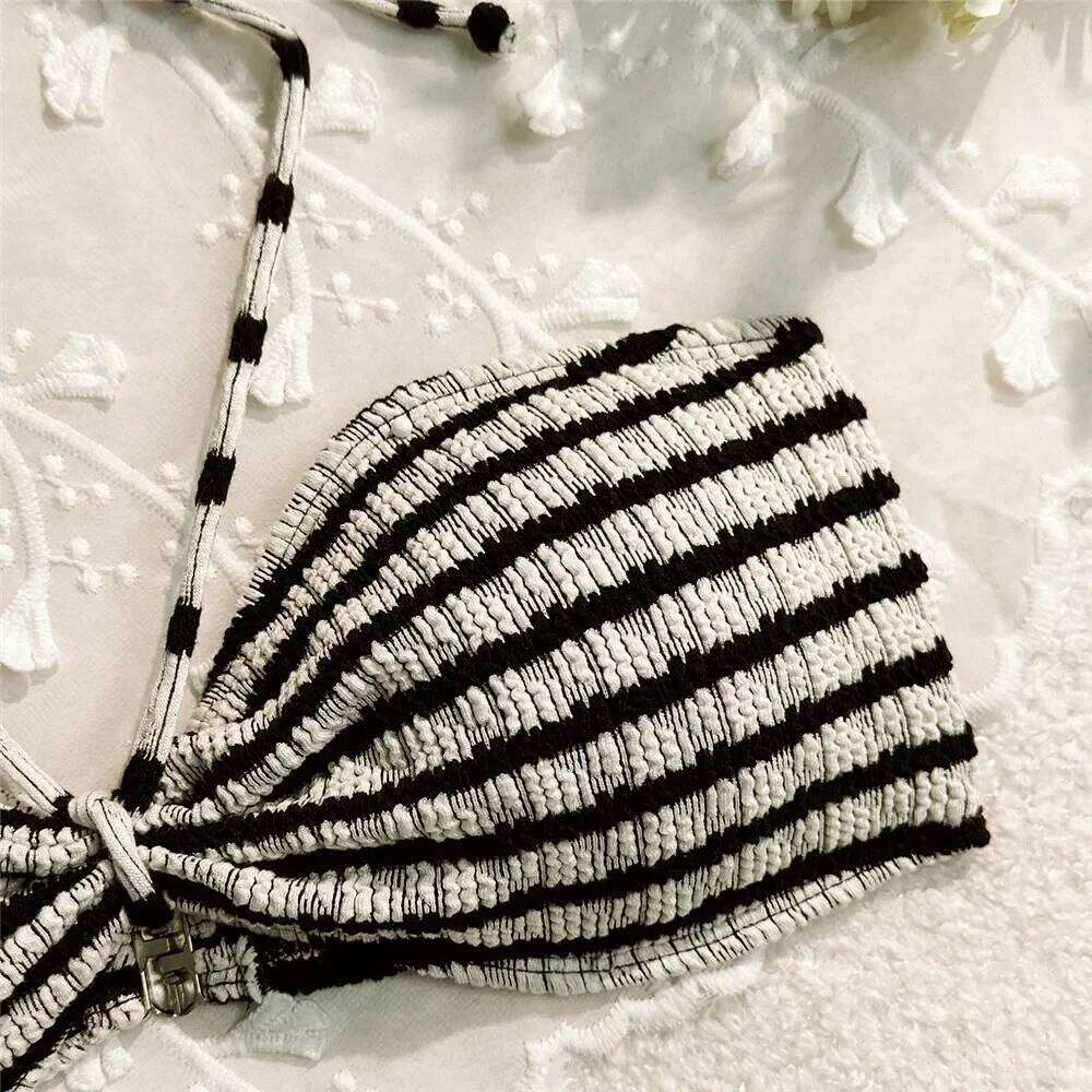 Striped Print String Halter Bandeau Bikinis Sets 2025 Sexy Swimsuit Women Ruched Swimwear Bathing Suit Brazilian Bikini Mujer C260207