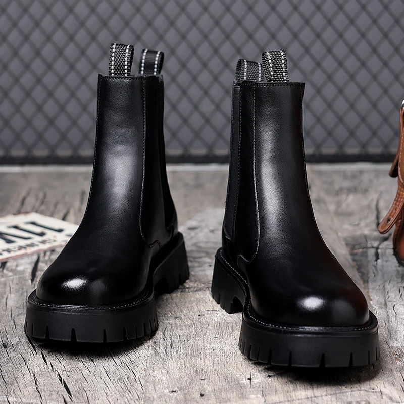 big size men fashion high chelsea boots slipon genuine leather shoes black stylish cowboy platform boot long motorcycle botas 260208