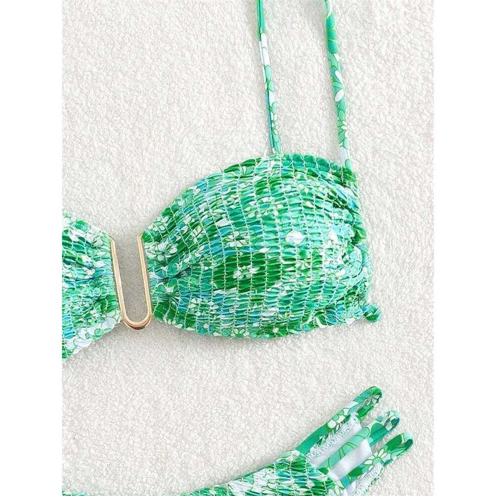 Sexy Pleate Bikini Women U Neck Push Orange Floral Print Micro Swimsuit 2025 Summer Bathing Suit Lace Up Thong Swimwear C260207