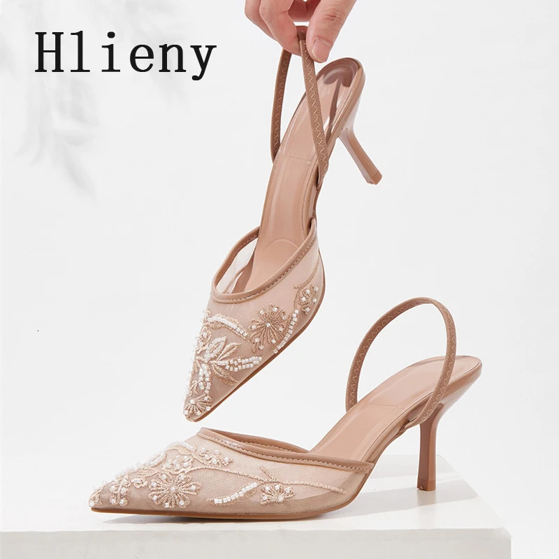 Hlieny White Women Wedding Pumps Mesh Embroidered Flowers Back Strap Sexy Slingback High Heels Dress Shoes Ladies 260208