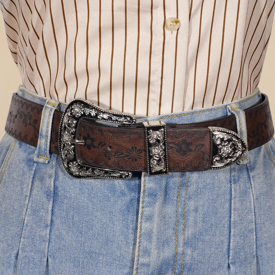 Vintage Carved Buckle Belt for Women Men - Brown Textured Floral Print Western Style Fashion Versatile Waistband Belt 260124