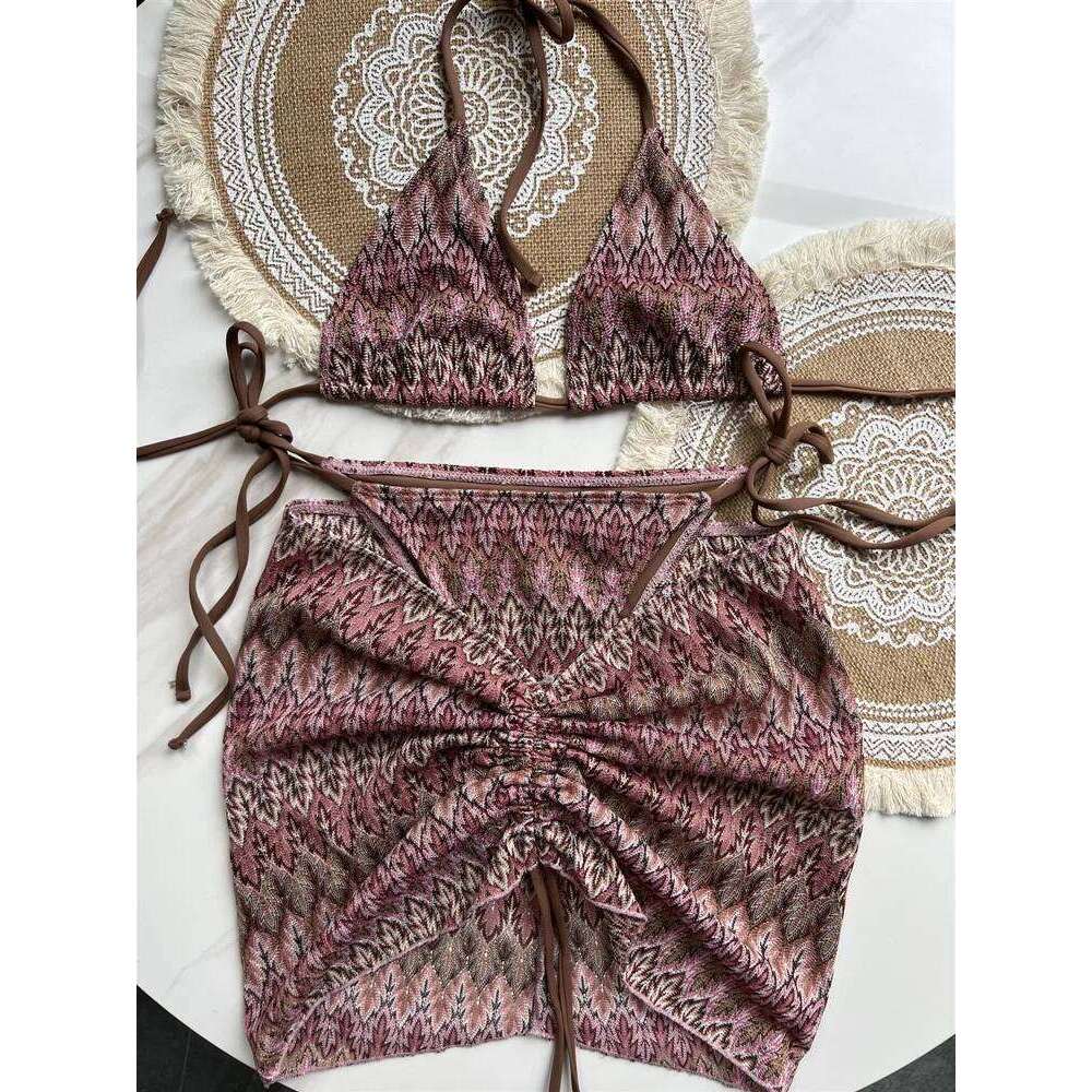 Women Colored Maple Leaves Knitted Skirt Three-Piece Set Split Swimsuit Bikini C260207