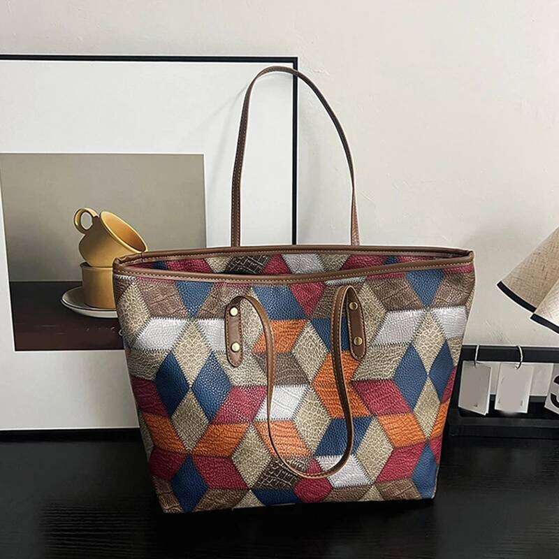 Large-capacity Tote PU Soft Leather New Shoulder Fashionable Texture Simple Splicing Casual Portable Women's Bag C260207