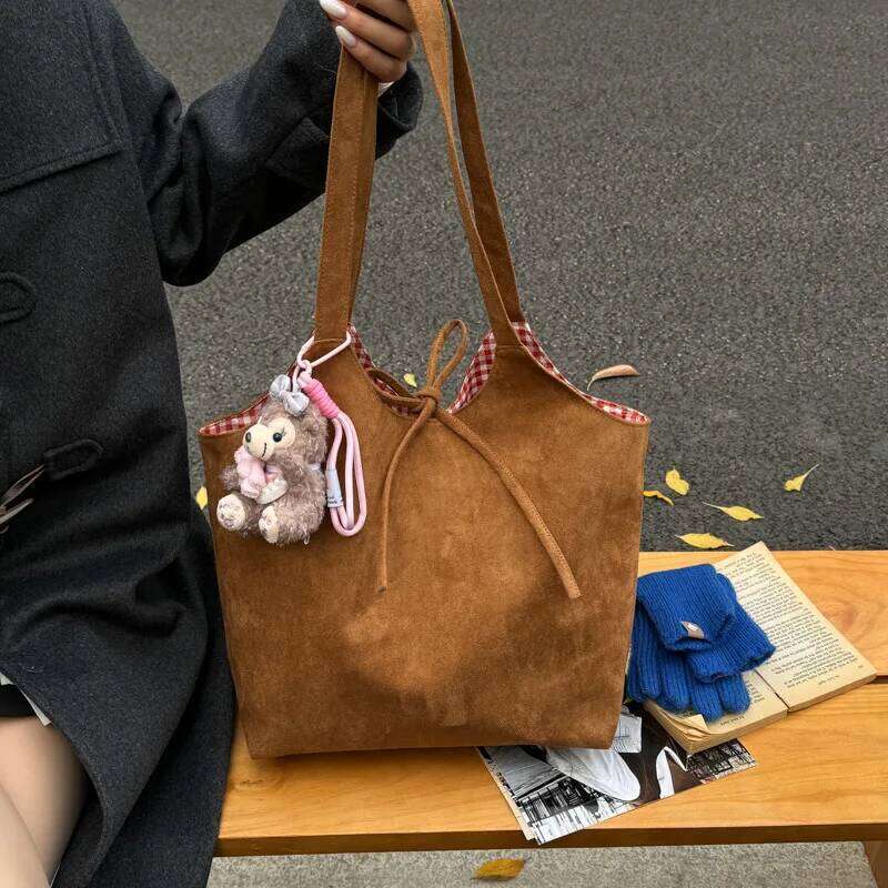 Korean Lazy Style Plaid Double-sided Back Matte Retro Commuter Women's Autumn and Winter Fashion Shoulder Tote Bag C260207