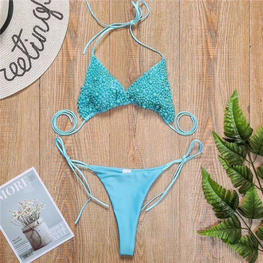 Pearl Bikini String Thong Swimsuit Kawaii Y2K Swimwear Trend Women Two Piece Bathing Suit Beachwear Bikinis Set Vacation Outfits C260207