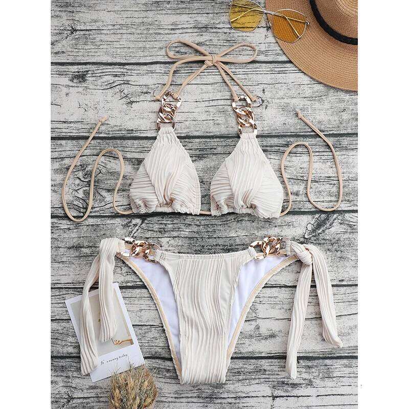 Sexy String Halter Bikinis Solid Swimsuit 2023 New Linked Swimwear Women Chain Strappy Bathing Suit Two Piece Sets Beach C260207