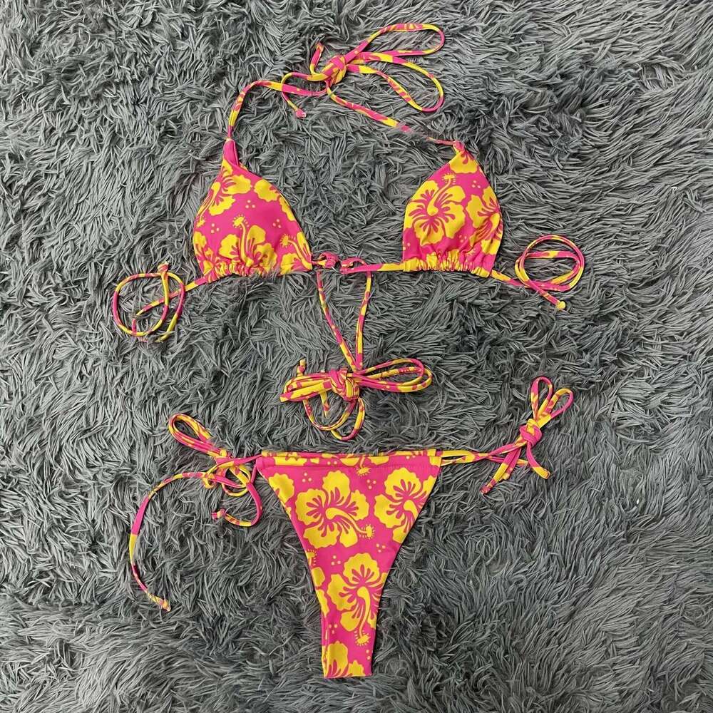 Retro Flower Print Bikini Sexy Women Swimsuits Two Piece Swimsuit Deep V Three Point Top Gathered Drawstring Bra Hot Girl Thong C260207