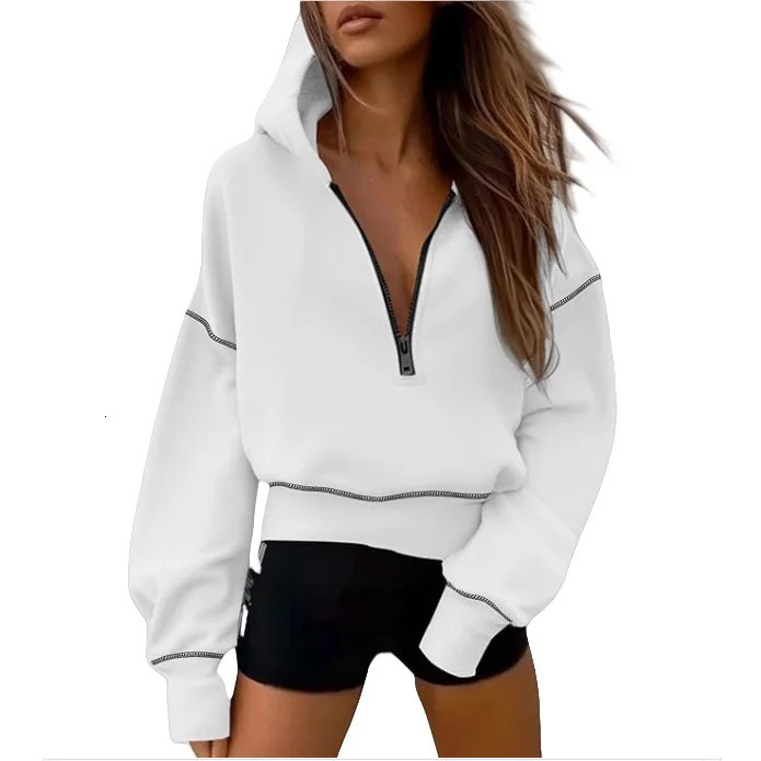 2026 Womens Fashion Basic Casual Versatile Comfortable Long Sleeve Pullover Half Zipper Distressed Hooded Sweatshirt Women 260126