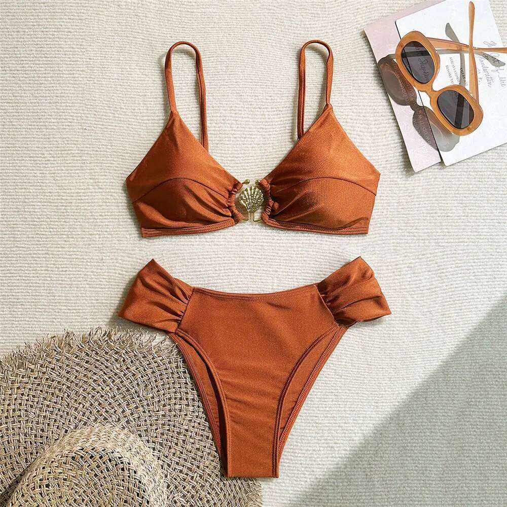 Metal Shell Ring Swimwear Sexy Wine Red Sets Swimsuit Women 2025 Ruched Bathing Suit Swimming Wear Bikinis De Mujer C260207