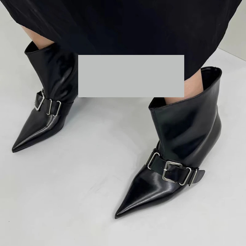 Chinese Style 2025 Belt Buckle Fashion Boots High Heel Pointed Toe Booties MidLeg 260208