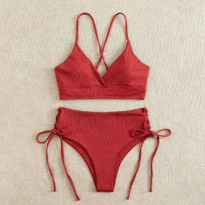 Cikini-V-Neck Split Bikini Set for Women, Sexy Swimsuit, Lace Up, Triangular Bikinis, Solid Color, Beach Swimwear, Bathing Suit C260207