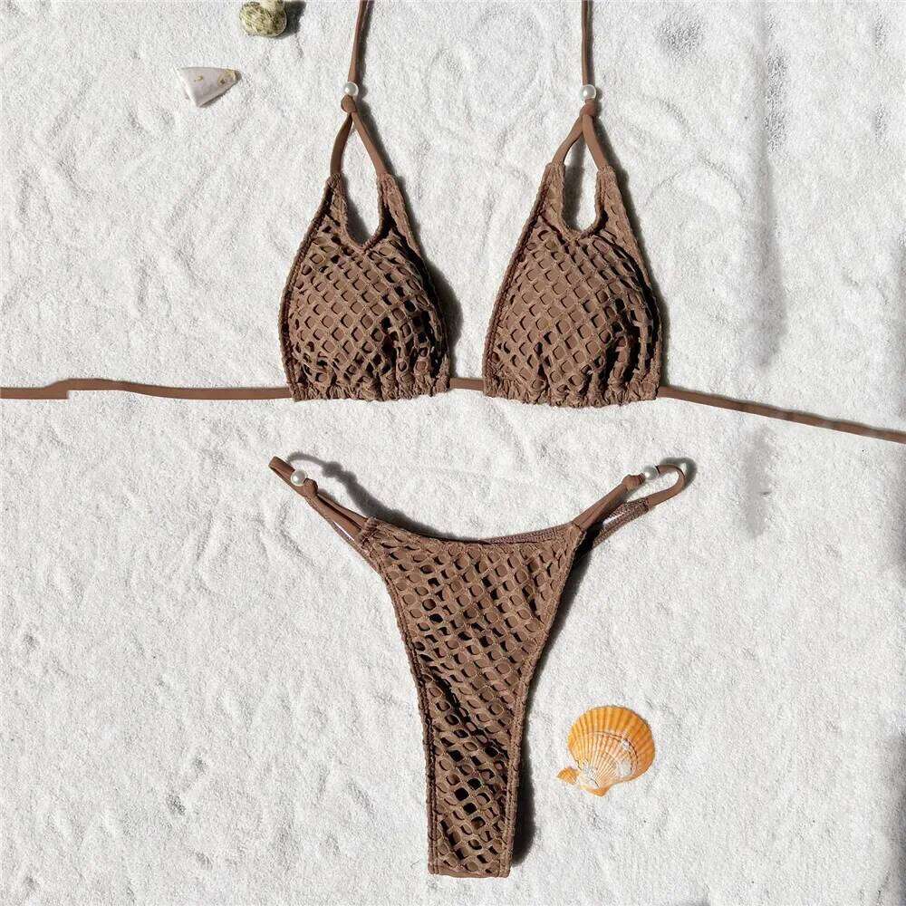 Sexy Brown Fishnet Triangle Micro Thong Bikini Set String Halter Swimwear Woman Swimsuit Bathing Suit Bikinis Femmes Biquinis C260207