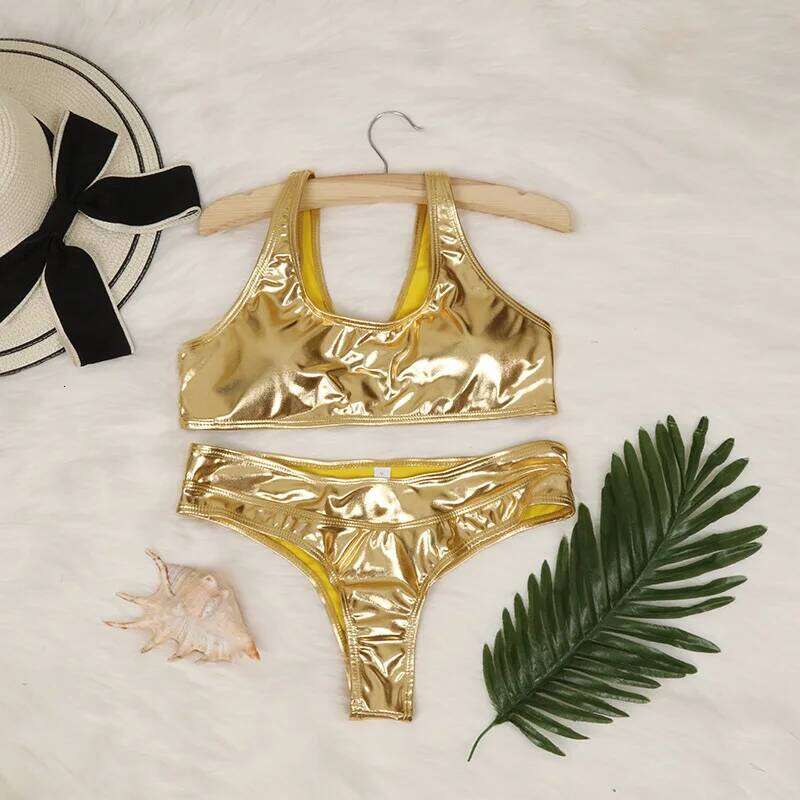 Sexy Triangle Push Up Metallic Brazilian Swimwear Women Golden Silver Side String Bikini Bathing Suit Beach Wear Biquini C260207