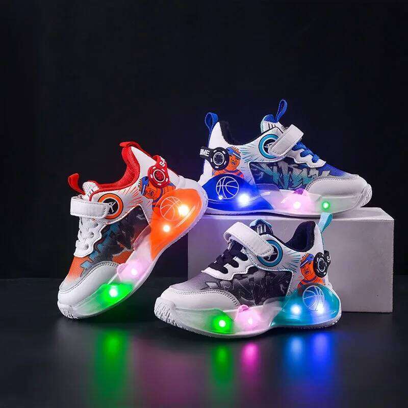 Spring Child Sneakers New Fashion Trendy Boy Mesh Breath Comfort Thick Casual Light Up Simple Basketball Kid Shoes H260207