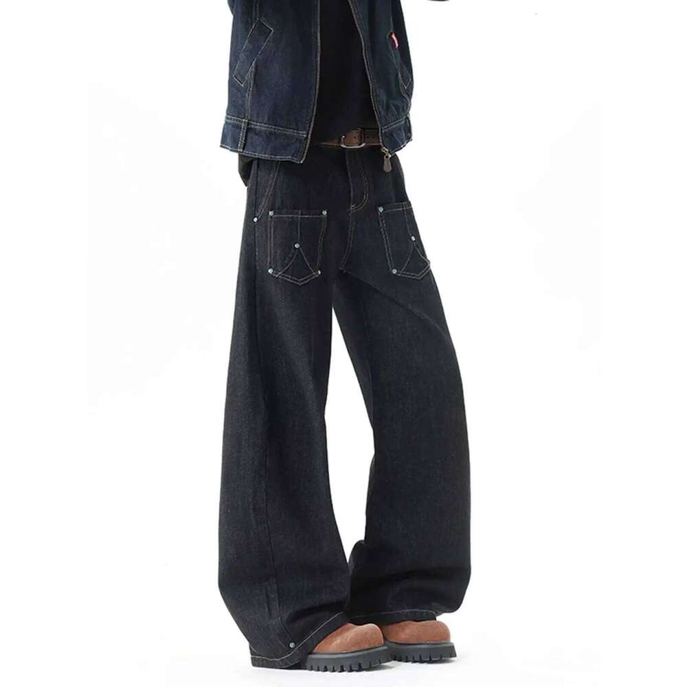 2026 Retro Black Bright Line Washed Scimitar Jeans Street Design Wide Leg Show High Brand Trousers Joggers Men