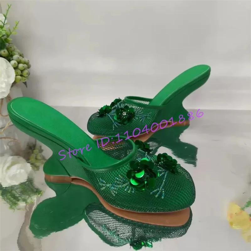 Novelty Mesh Sequin Wedges Slipper Chinese Beadwork Floral Decor Strange Heel Sandals Summer Round Toe High Heels 260208