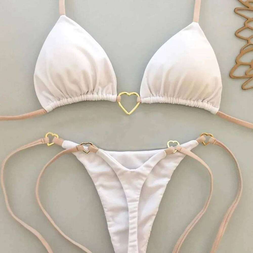 New Solid Color White Bikini Women suit Low Waist Lace-up Fashionable Swimsuit Two-piece Set C260207