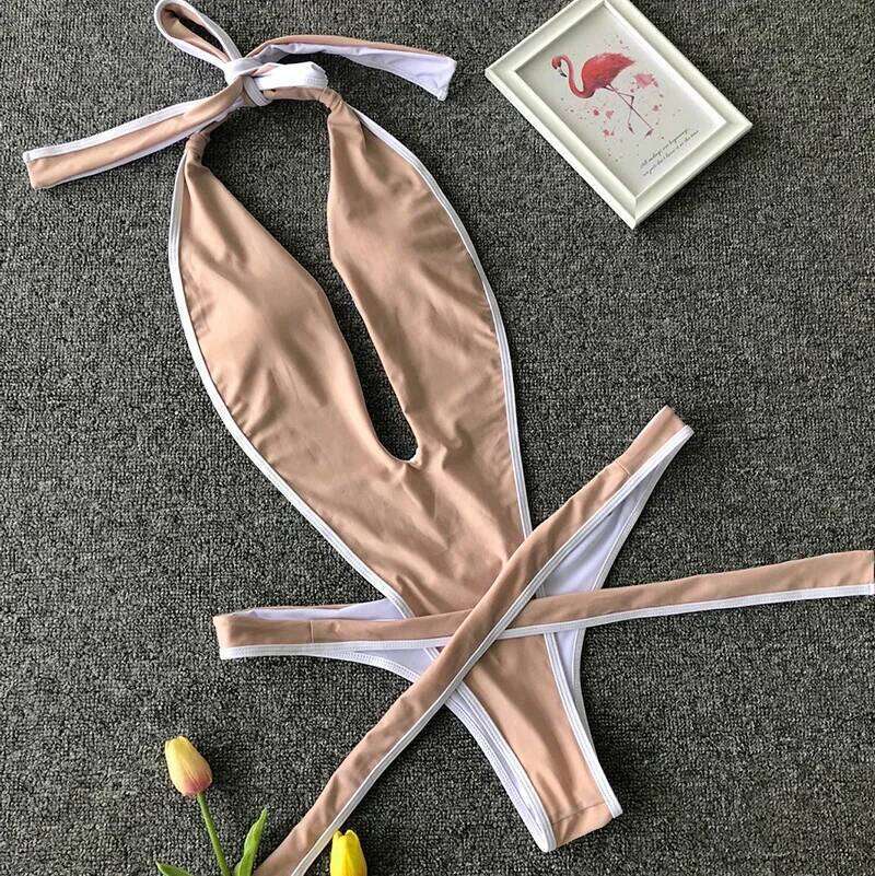Sexy One Piece Swimsuit Thong Monokini Swimwear Women 2023 New Backless Cut Out Halter Bandage V Neck Plunging Bathing Suit C260207