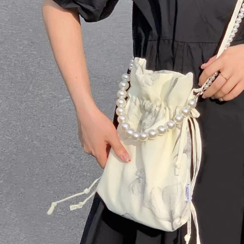 Women Mini Cellphone Bag Sweet Kawaii Drawstring Pleated Shoulder Bags Y2k Chinese Style Print Pearl Chain Handbags Crossbody 260208