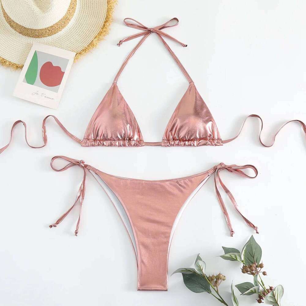 sexy metallic string halter micro mini bikini sets two pieces 2024 women thong swimsuit female bathing suit swimwear biquini C260207