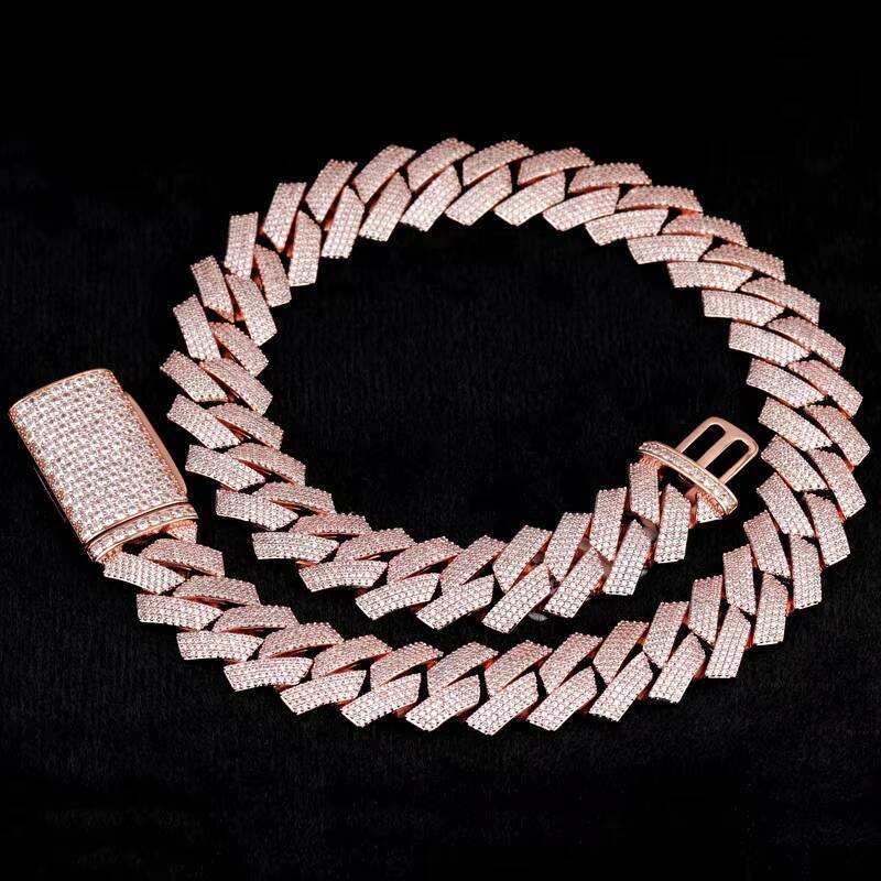 Wholesale Price Heavy Silver Weigh 20mm 3rows VVS Moissanite Diamond Rose Gold Plated Cuban Link Chain for Man Hip Hop Necklace