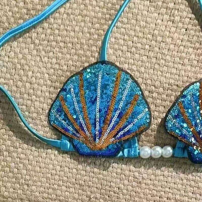 Women's Mermaid Shell Bikini Set Sexy High Waisted Bottom & Push Up Top Elegant Swimwear Beach Vacation Summer Blue Suit Holiday C260207